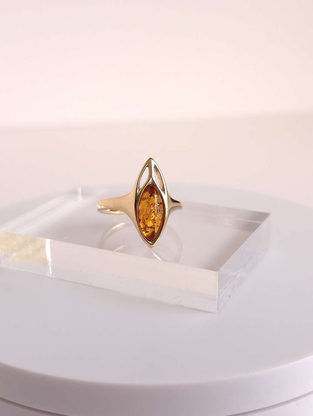 14K Gold Amber Ring – Marquise Cut Lithuanian Cognac Amber